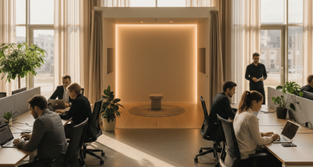 Жұмыс орнындағы діни сенім бостандығын көрсететін тыныш, арнайы намаз оқитын орынмен жабдықталған заманауи кеңсе ортасы.