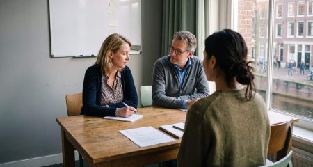 Employee reporting harassment at work in a meeting with two managers in a Dutch office