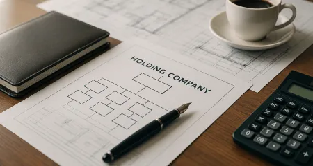 Professional business workspace showing holding company structure diagram, architectural drawings on wooden desk with pen and documents, photorealistic overhead view