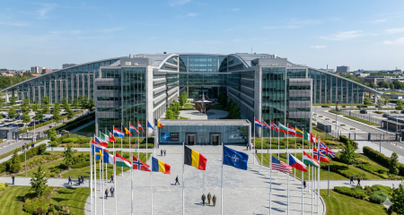 NATO headquarters in Brussels on a sunny day. In the foreground, the flags of member states and the NATO flag fly on a large plaza. The background features the modern glass building with its distinctive architecture, with a few officials walking across the grounds.