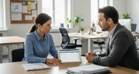 Business meeting in modern office setting.