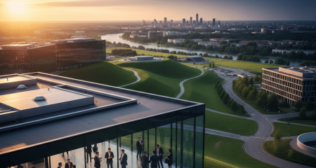 Жасыл төбелермен қоршалған шыны кеңсе ғимараттары және алыстағы қала көкжиегі технология мен заңды тәуекелдің қиылысуын бейнелейтін алтын сағаттағы заманауи технологиялық кампустың әуеден көрінісі.