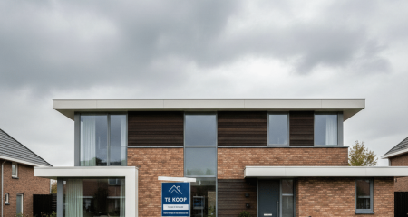 Бұлтты сұр аспан астындағы алдыңғы бақшада «Сатылады» белгісі бар заманауи голландиялық отбасылық үй – ажырасу және отбасылық үйді бөлу туралы заңды блогқа арналған иллюстрация.