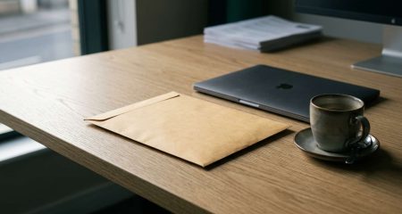 An unopened official letter on a company desk beside a laptop in the morning light