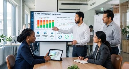 Professionals reviewing a high-risk AI systems compliance dashboard in a meeting