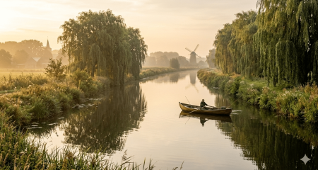 A Dutch canal at golden hour with a small rowing boat drifting between two banks, reflected in calm water beneath weeping willows