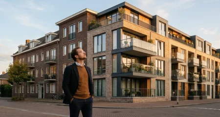 Landlord looking up at a modern Dutch apartment building in warm evening light, representing the decision between regulated and private sector rental.