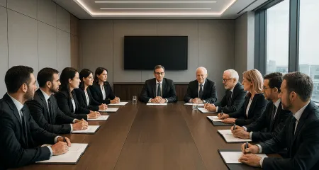 Formal meeting in a boardroom setting.