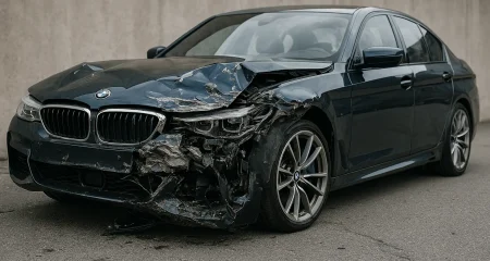 Damaged BMW with significant front impact.
