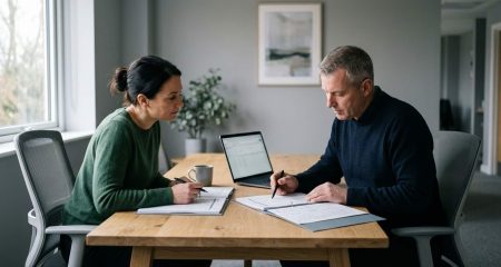A facilities manager and a finance colleague comparing two open folders and a laptop