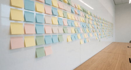 Whiteboard covered with coloured sticky notes in a project room