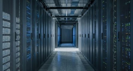 A quiet server room corridor lit by the racks, seen down its length
