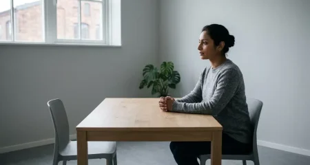 A woman sitting alone at a bare wooden table in a sparse room