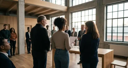 A group of people standing together in a large industrial hall