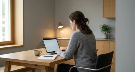 A woman working on a laptop at a wooden table with a mug beside her