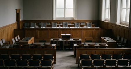An empty formal hearing room with a long bench and daylight from high windows
