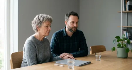 An older woman and a man seated at a table with a folder in front of them