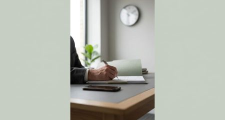 A criminal defence lawyer's desk with an open case file and a hand making a note