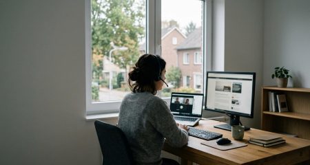 A home office with a laptop, headset and second screen, one person mid-call seen from behind