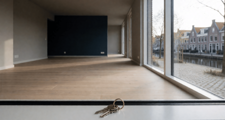 An empty, newly built rental apartment with an oak floor and keys on the window sill overlooking a canal.