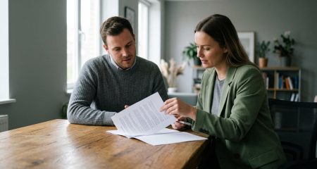 Two people going through a printed data processing agreement at a meeting table