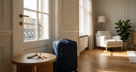 Furnished canal-house apartment with a suitcase and house keys by the door, ready for a temporary tenant