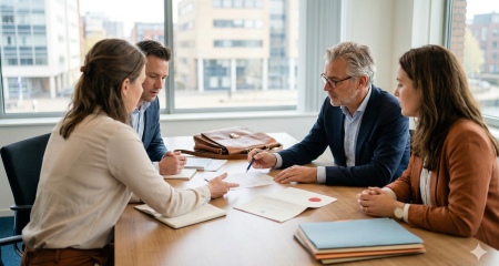 A professional meeting taking place in a bright, modern office with four people seated around a wooden table. An older man wearing a blue blazer is pointing with a pen at an official document, while a younger woman opposite him listens intently and gestures with her hands. The setting suggests a legal negotiation or the discussion of a settlement agreement, with folders and a briefcase on the table and an urban cityscape visible through the window.