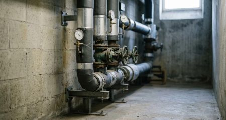 Insulated pipework and gauges in the district heating substation of a residential block