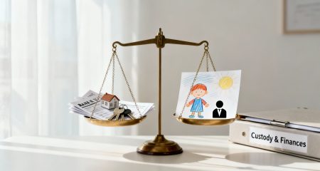 A justice scale balancing financial assets like a house and keys with a child's drawing and a lawyer icon, next to a "Custody & Finances" folder.