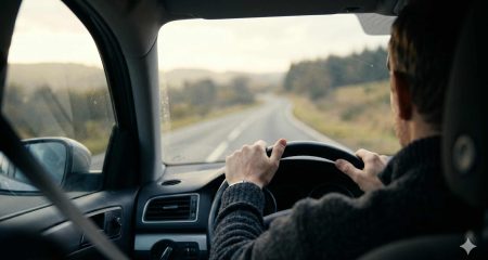 Hands on a steering wheel, seen from behind, with a blurred empty road ahead, illustrating the question of what a traffic mistake means legally.