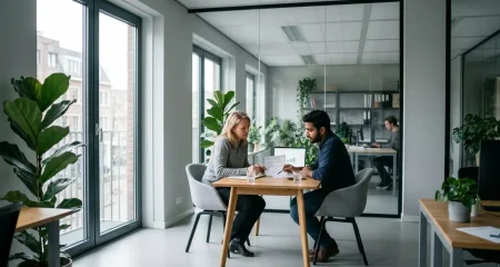 A bright open-plan office with people seated at a table beside floor-to-ceiling windows