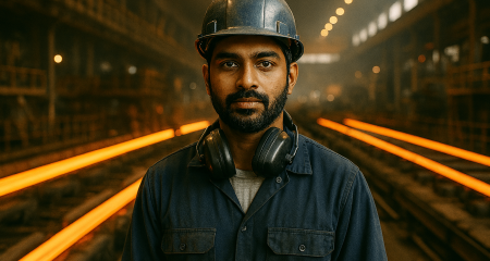 Delavec v industrijskem okolju s stroji