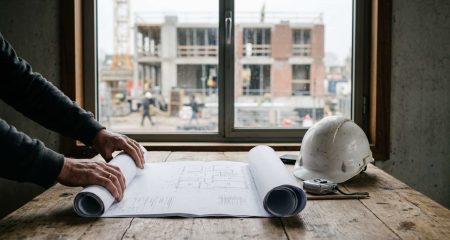 A rolled set of building drawings and a hard hat on a table overlooking a Dutch construction site