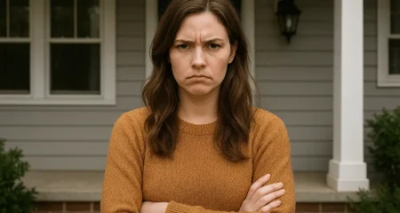 Woman in a cosy sweater outdoors.