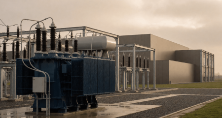 Industrial substation beside a factory site under a clouded sky