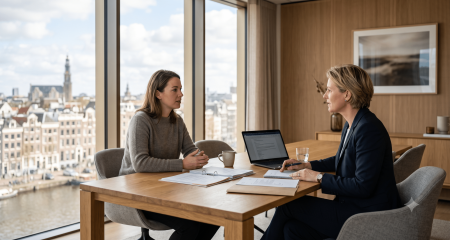 Family lawyer and client in a consultation at a modern law office in the Netherlands, discussing divorce and family law matters
