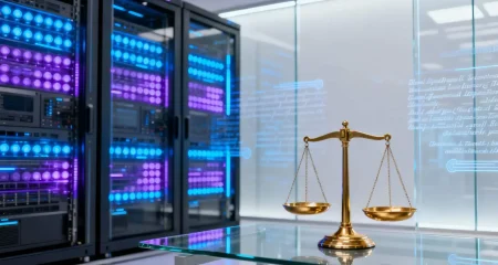 Scales of justice in a server room.