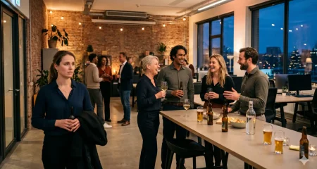 Colleagues at a company party in a modern office, one employee looking slightly hesitant while others laugh and toast with drinks in hand.