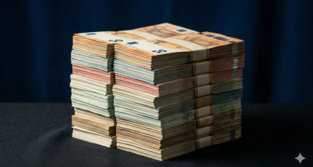 A stack of bundled euro banknotes on a dark surface, illustrating the seizure of cash in the context of criminal investigations.