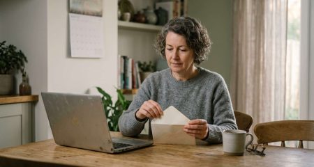 Someone opening an official letter at a kitchen table in the evening
