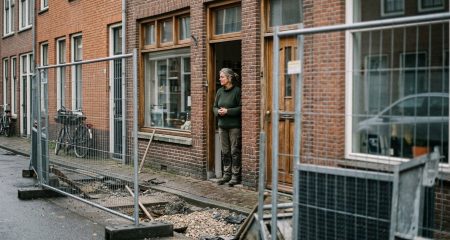 A small shop open for business behind roadworks and barriers on a Dutch street