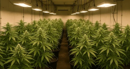 Indoor cannabis plants under grow lights