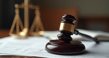 Gavel on legal documents with blurred justice scale