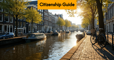 Typical Dutch canal scene in Amsterdam representing the Netherlands.