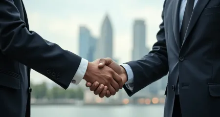 Handshake with Dutch city skyline background