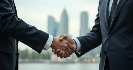 Handshake with Dutch city skyline background