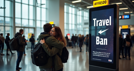 Travelers arriving at modern Dutch airport with prominent travel ban info screen