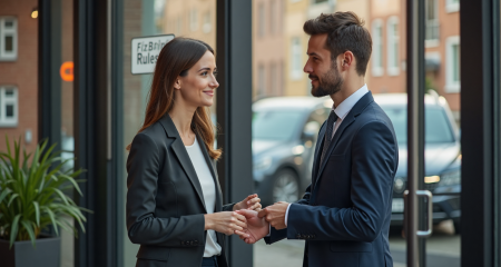 Dutch landlord handing keys to tenant showing focus on rental rules
