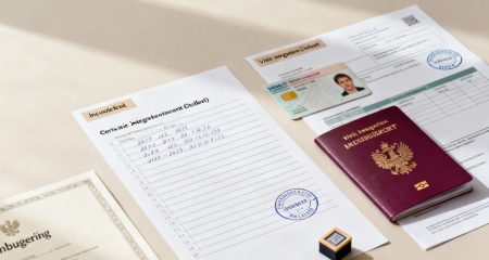 A passport, residence documents and a stamped certificate lying on a desk