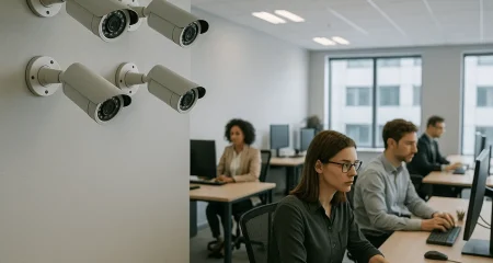 kantoorruimte met beveiligingscamera's hangend aan